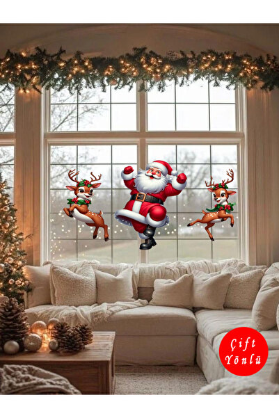 aiki Şeffaf Çift Yön, Yılbaşı Süsü, Dans eden Noel Baba ve Geyikler, 50 x 50 cm