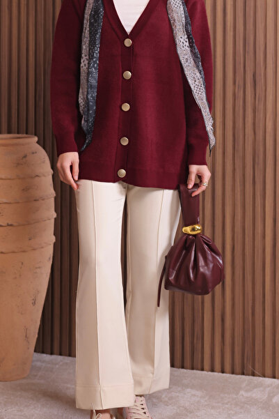 Balenbi Women's V-Neck Bronze Buttoned Bearded Knitwear Cardigan 1142