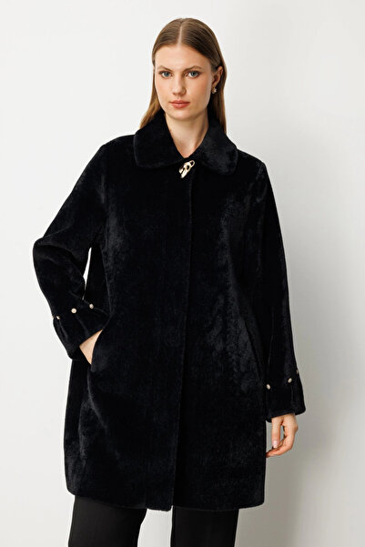 Ekol Double-Breasted Collar Brooch Detailed Coat 06331