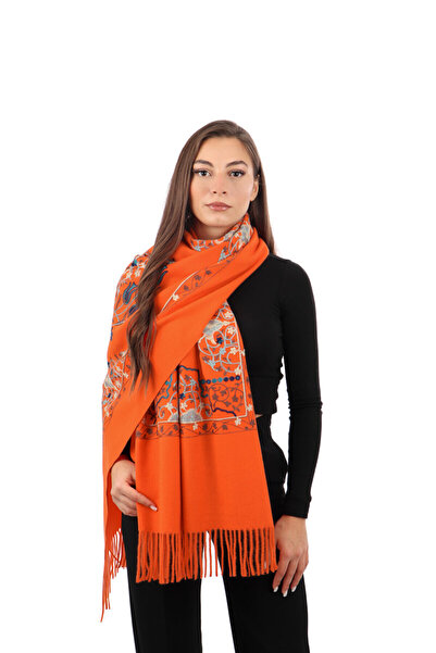 Bursa İpek Orange Embroidered Winter Shawl