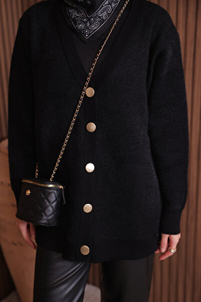 Balenbi Women's V-Neck Bronze Buttoned Bearded Knitwear Cardigan 1142