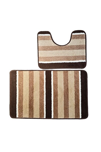 Kotonia Home Set of 2 bath mats anti-slip membrane, 100% synthetic fibers, brown, 50×40 cm, 50×80 cm, Sandy Adda