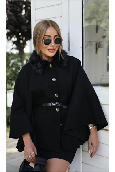 jöns since 1997 Women's Fur Collar, Belted and Buttoned Cashmere Poncho