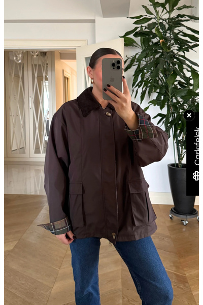 jöns since 1997 Women's Velvet Collar Plaid Detailed Transitional Jacket Coat