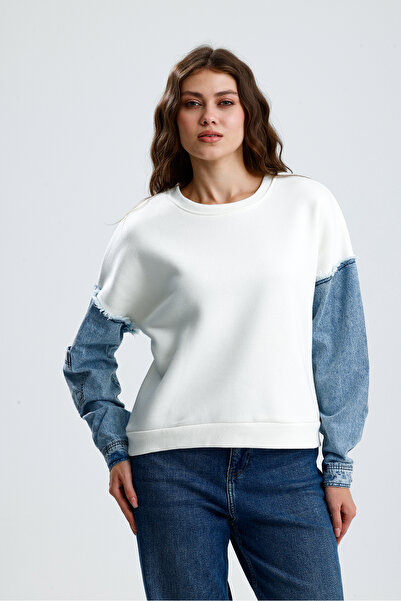 jöns since 1997 Women's Sleeves Denim Fabric Fleece-Lined Cream Sweatshirt