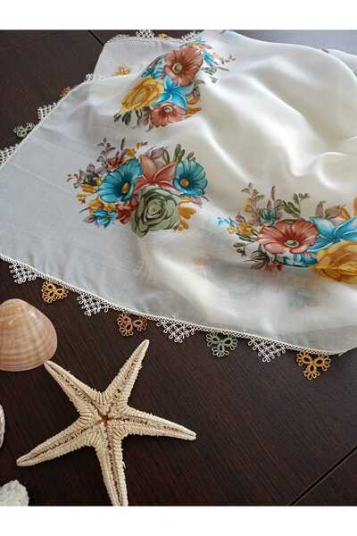 İyisini İstersen Handmade Edge Single Shawl and Needle Embroidery Cream Color Writing Shawl