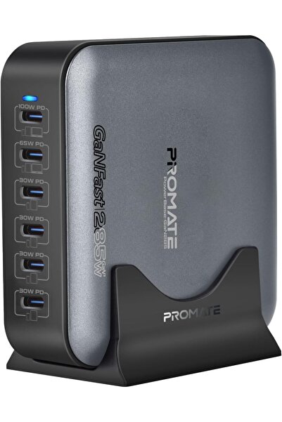 Promate PowerBase-GaN285 285W 6-Port GaN USB-C Charging Station (100W/65W/4×30W)