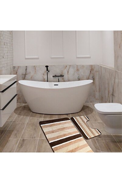 Kotonia Home Set of 2 bath mats anti-slip membrane, 100% synthetic fibers, brown, 50×40 cm, 50×80 cm, Sandy Adda