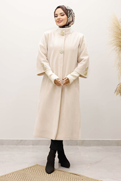 Tesettür Dünyası Angora Fox Coat with Sleeve Tip Knitwear Detail Tsd250246 Beige