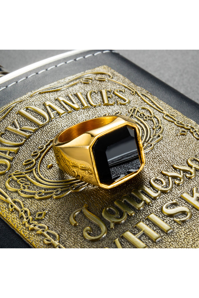 Kracer 18K gold-plated steel ring with black zircon stone