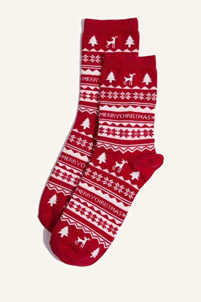 DeFacto Женски подаръчна кутия с 2 чифта дълги памучни чорапи с коледна тематика G3905AXNS