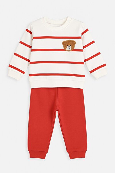 dinamik çocuk Striped Punch Teddy Bear Baby Set with Snap Fasteners on the Shoulder, 2-Piece Bottom and Top, Transitional Months, 3-6-9-12 Months
