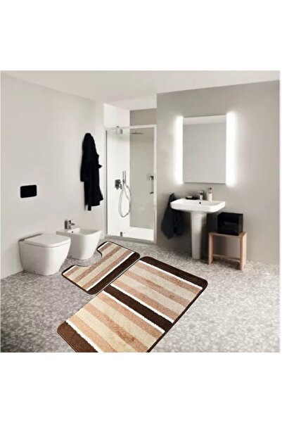 Kotonia Home Set of 2 bath mats anti-slip membrane, 100% synthetic fibers, brown, 50×40 cm, 50×80 cm, Sandy Adda