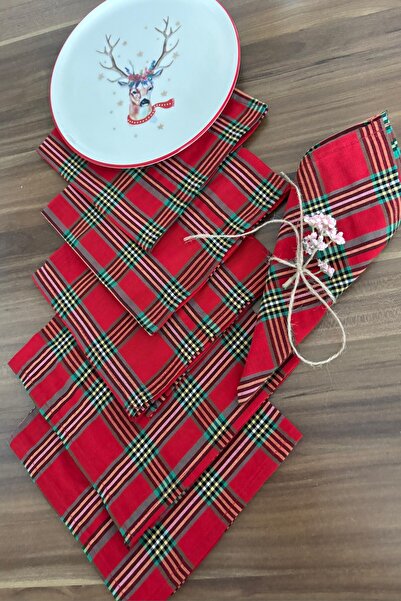 zarafet concept 6Lı Kırmızı Ekose İskoç Yılbaşı Kumaş Peçete 35x35