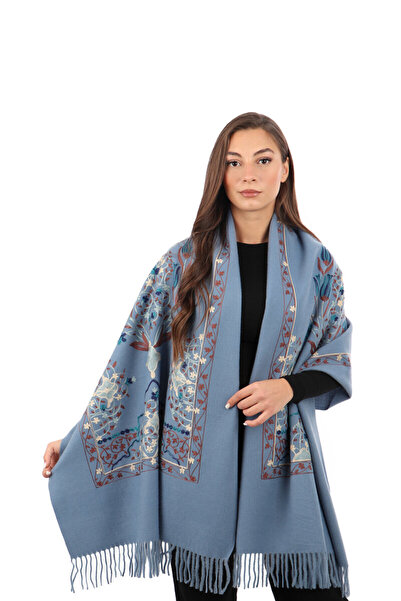 Bursa İpek Indigo Embroidered Winter Shawl