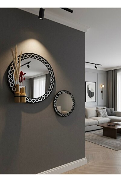 Nera Tasarım Gümüş Desenli Ahşap Yuvarlak Duvar Aynası - Dekoratif Saksılı Du...