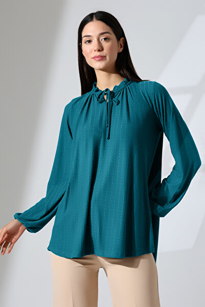 Şiir Elista Women's Ruffle Lace-Up Drop Neck Gathered Jacquard Long Sleeve Blouse & Hijab Blouse - Petrol