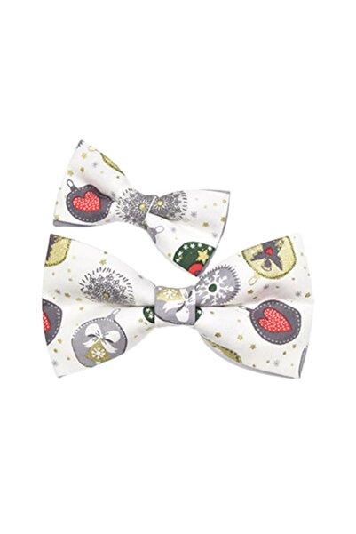 Papileon Father-son set of 2 two white Christmas bow ties "Christmas Balls" (12x6 cm and 10x5 cm)