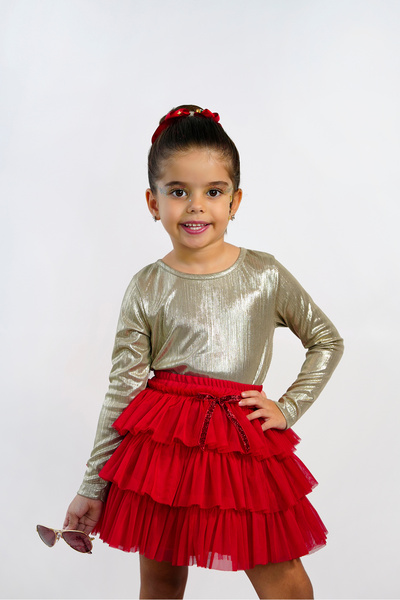 DUCA KIDS Sparkly Long Sleeve Snap-On Bodysuit and Layered Tulle Skirt Set