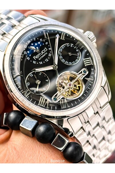 Ferrucci Automatic (Battery-Free) Men's Wristwatch, Steel Band, Waterproof, Silver - Black Color Bracelet Gift