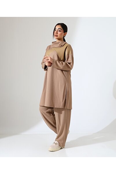 Fi'l Arz Fashion Women's Swallow Collar Leather Detail High Neck Two Piece Set