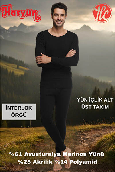 Hasyün Men's Black 61% Wool Sweat-Absorbent Non-Irritating Underwear Long Sleeve Top and Bottom Set