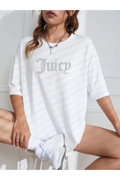 Bozz&Bozz Collection Women's Oversized Juicy Crystal Stone Printed T-Shirt