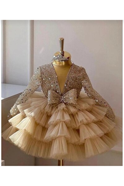 prenses tasarım atolyesi Gold rengi katlı elbisemiz