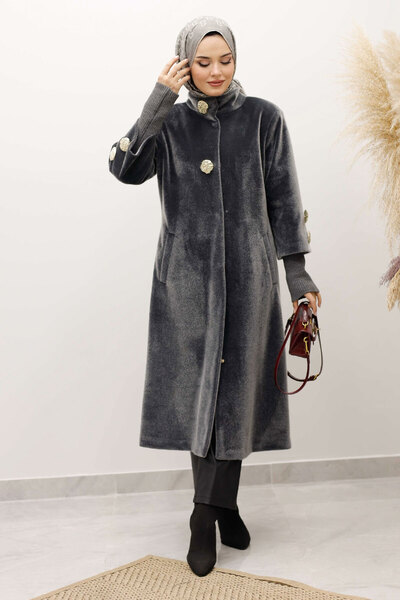 Tesettür Dünyası Angora Fox Coat with Sleeve Tip Knitwear Detail Tsd250246 Gray