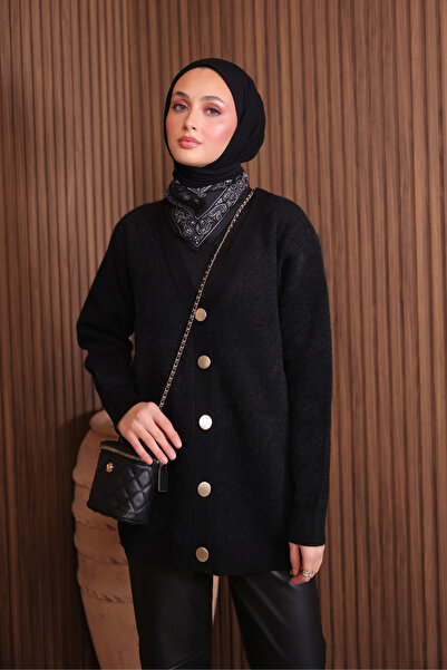 Balenbi Women's V-Neck Bronze Buttoned Bearded Knitwear Cardigan 1142