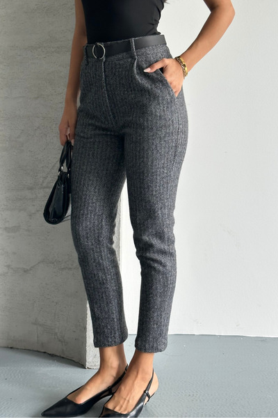 macharel jeans Kadın Desenli Dar Paça Cepli Kemerli Kaşe Pantolon