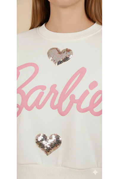 cemo Women's Barbie Letter Print Crop Sweat Sequined Heart Detail Round Neck Basic Short Sweat