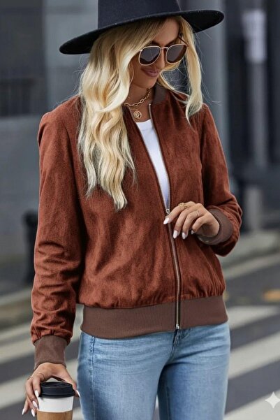 Mossta Long Sleeve Zippered Short Suede Jacket - Tile