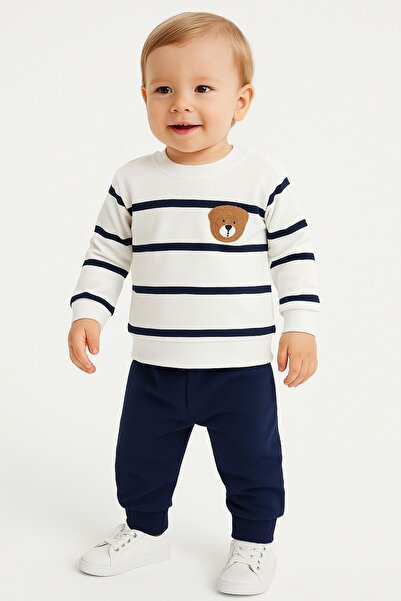 dinamik çocuk Striped Punch Teddy Bear Baby Set with Snap Fasteners on the Shoulder, 2-Piece Bottom and Top, Transitional Months, 3-6-9-12 Months
