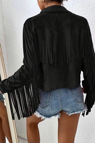 Mossta Jachetă crop din piele intoarsa cu detaliu cu ciucuri - Negru