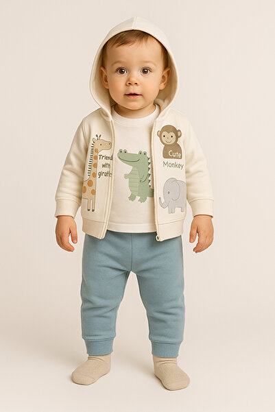 Uğur bebe 100% Cotton Hooded Cardigan Sweatshirt Sweatpants 3-Piece Baby Boy Set Safari Soft Textured