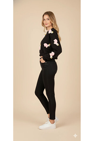 cemo Women's 3D Figured Crop Sweat Embossed Character Patterned Crew Neck Long Sleeve Short Sweat