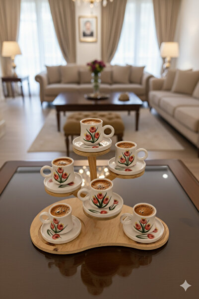 Gezdikçe Bilelim 6'lı Takım Tomurcuk Desenli El Yapımı kazan Seramik Kahve Fi...