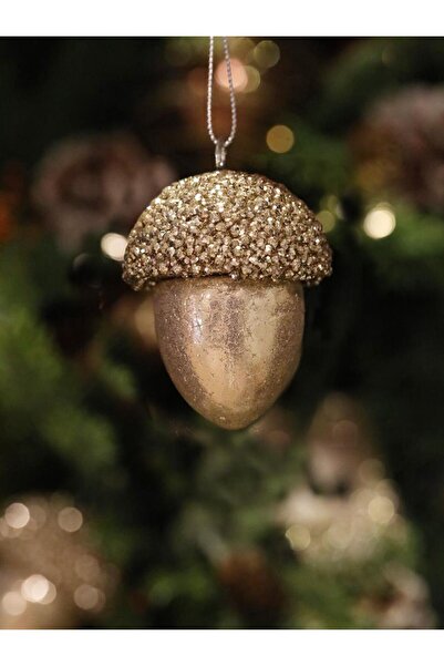 Parti Adresi Yılbaşı Ağaç Süsü Meşe Palamudu Asılabilir Lüks Dekoratif Süs Şampanya 10 cm