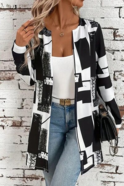 Mossta Open Front Long Sleeve Patterned Modal Jacket - Black