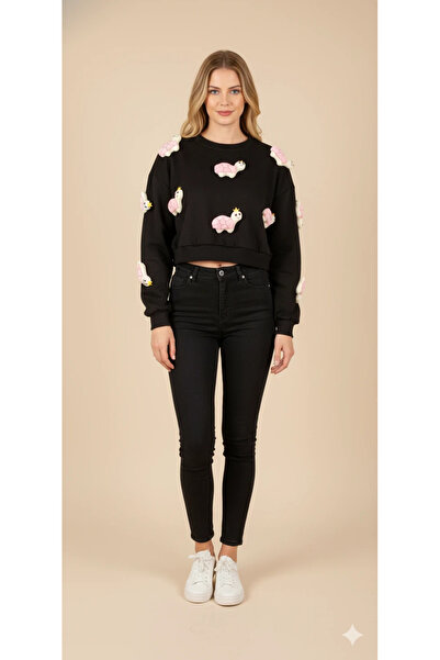 cemo Women's 3D Figured Crop Sweat Embossed Character Patterned Crew Neck Long Sleeve Short Sweat