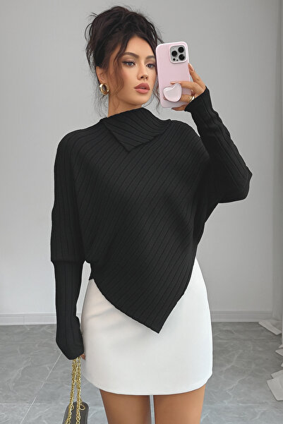 WEEST MODA Μαύρο υφασμάτινο με ψηλό γιακά, ασύμμετρο μανίκι με λαμπερό άκρο, κομψό ust
