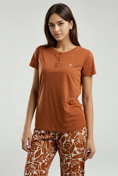 Soweto Women's Pajama Set – Brick Color, Floral Pattern Bottom Model