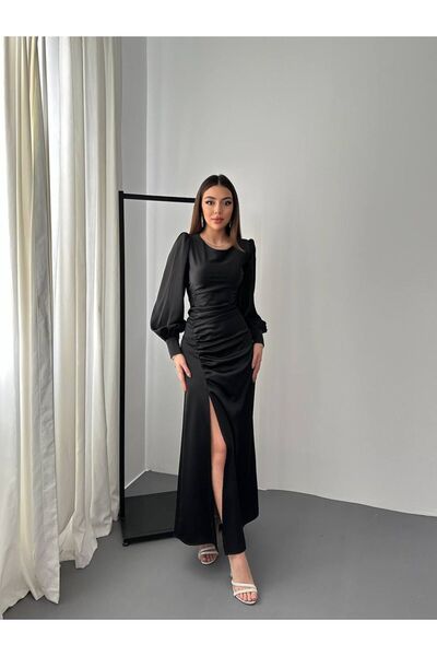 Bellucia Drapeli Yırtmaç Detaylı Saten Abiye Elbise