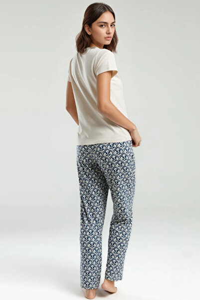 Soweto Women's Home Pajamas – Beige Top, Blue Patterned Bottom, Comfortable Fit