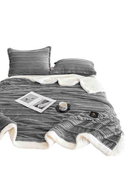 OEM Anthracite 3D Faux Rabbit Fur Blanket & 2 Pillowcases Set