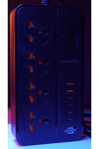 porodo 4AC Universal Power Strip - 4 AC, 4 USB-A, 2 USB-C, 3000W, 3m, UK Plug - Black