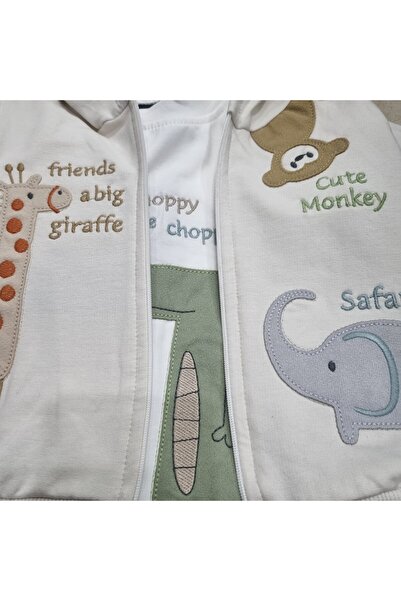 Uğur bebe 100% Cotton Hooded Cardigan Sweatshirt Sweatpants 3-Piece Baby Boy Set Safari Soft Textured