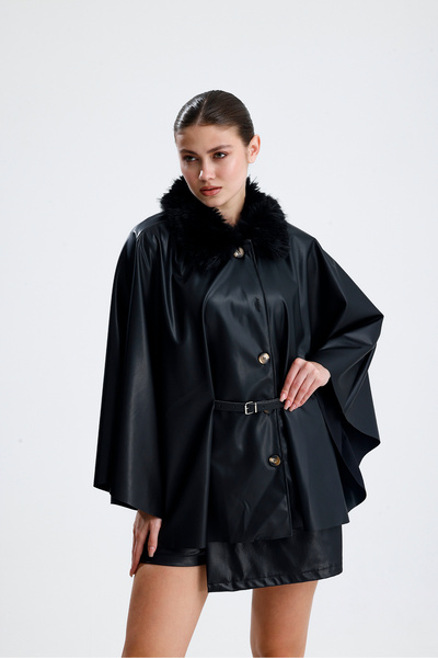 jöns since 1997 Women's Fur Collar Leather Poncho with Belt and Buttons