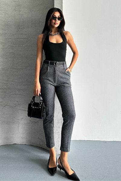 macharel jeans Kadın Desenli Dar Paça Cepli Kemerli Kaşe Pantolon